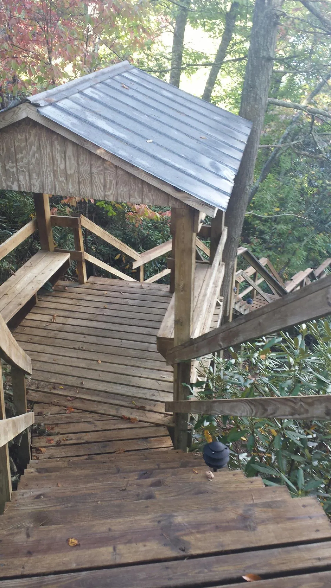 Metal roofed shelter over wooden steps on a wooded walkway — Skylight Repair & Installation work by our crew in Gibson Island